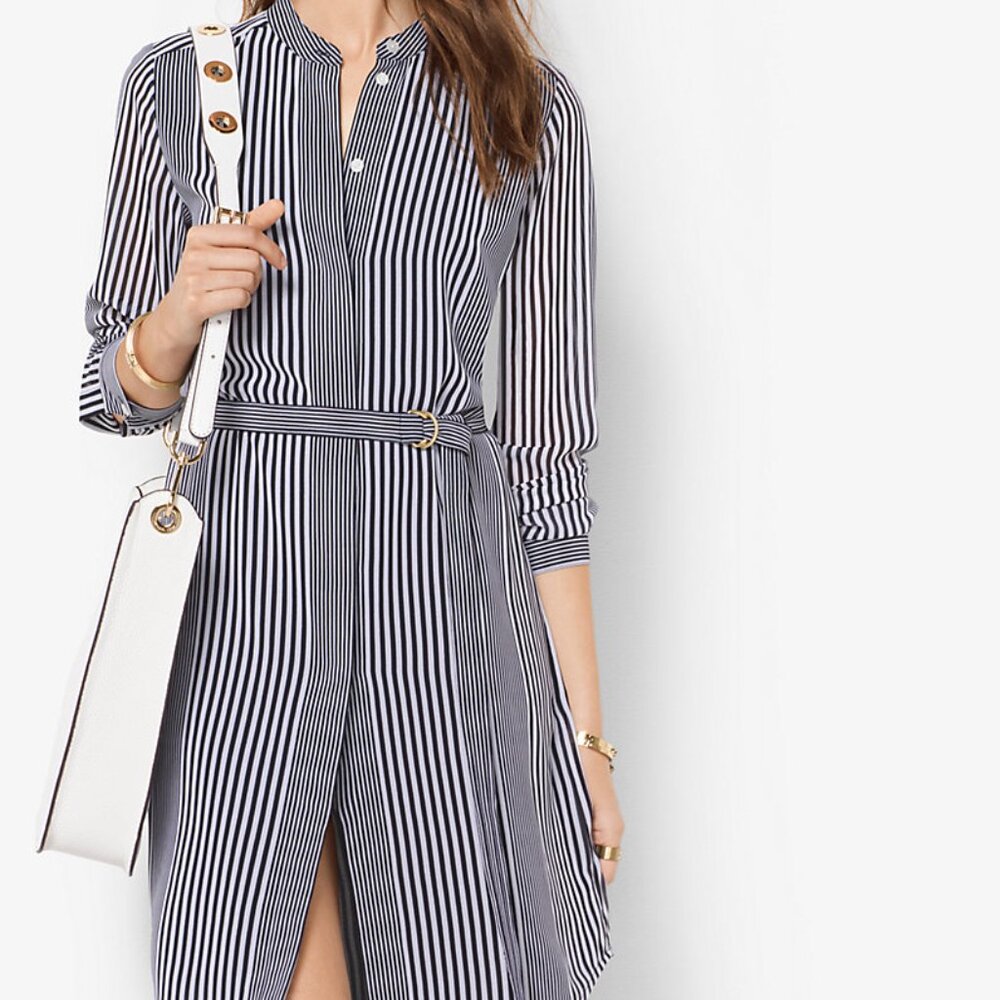 Rare- New NWOT Michael Kors Pleated Striped Tie-Waist Georgette Dress - Size M